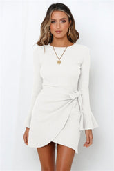 Women's Long Sleeve Dress Ruffle Flared Sleeve Bowknot Waffle Temperament Short Dresses - kinko